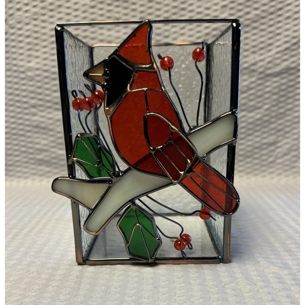 Stained Rectangle Glass and‎ Metal Cardinal Candle Holder Holly Berry Red Bird